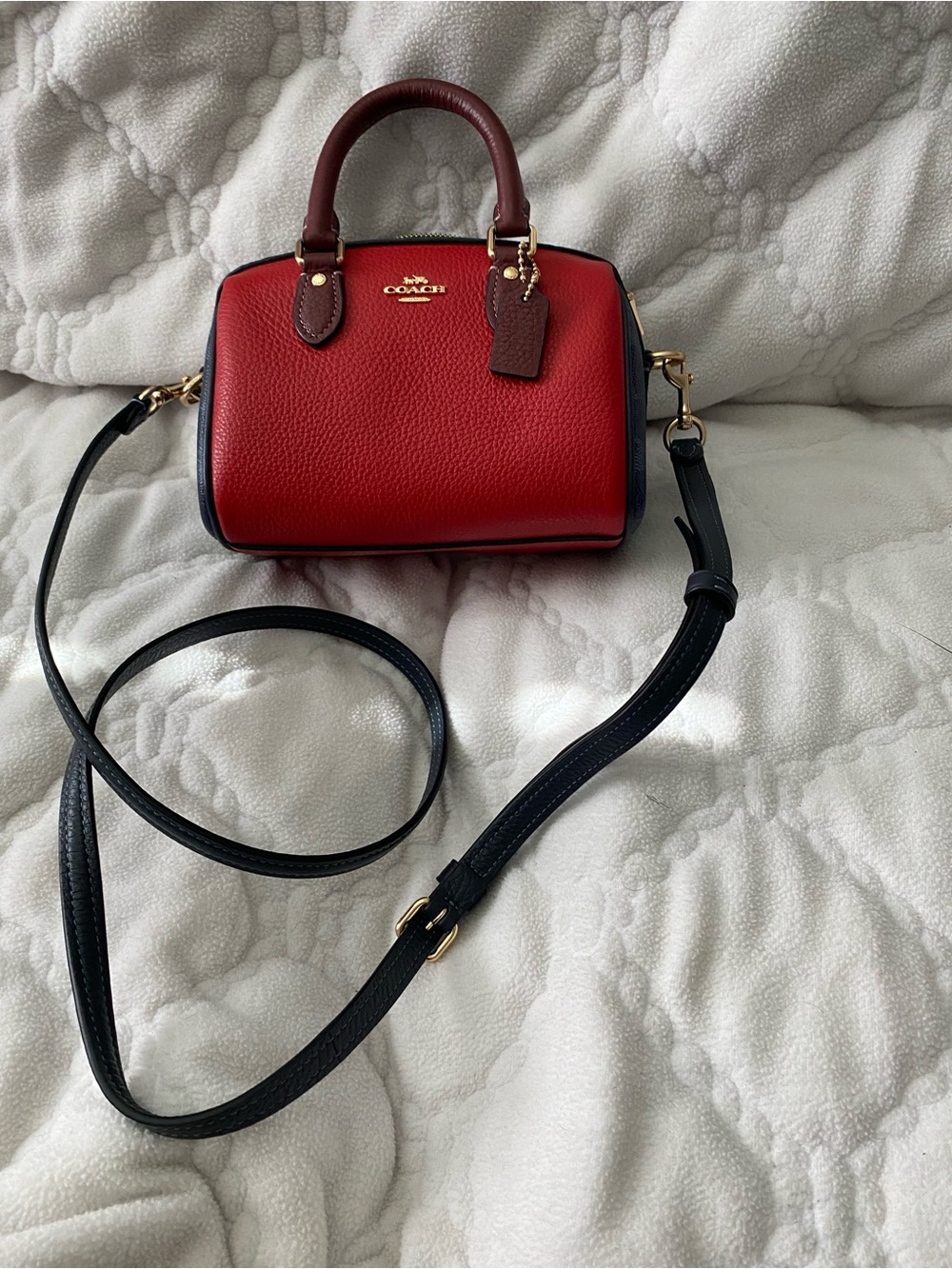 Coach Mini Satchel in Red with Brown Handles and Black Strap - Picture 2 of 7